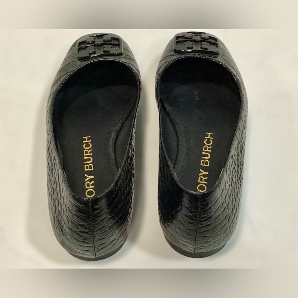 TORY BURCH Luxury Croc black Leather Georgia 25mm Medallion Logo Pumps Size 7M - Picture 2 of 7